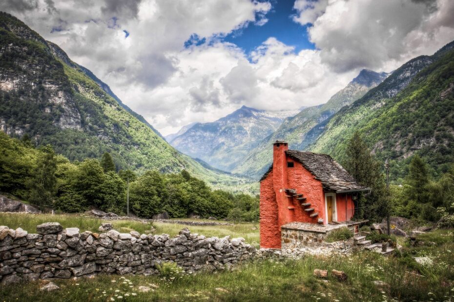 mountains, clouds, cottage