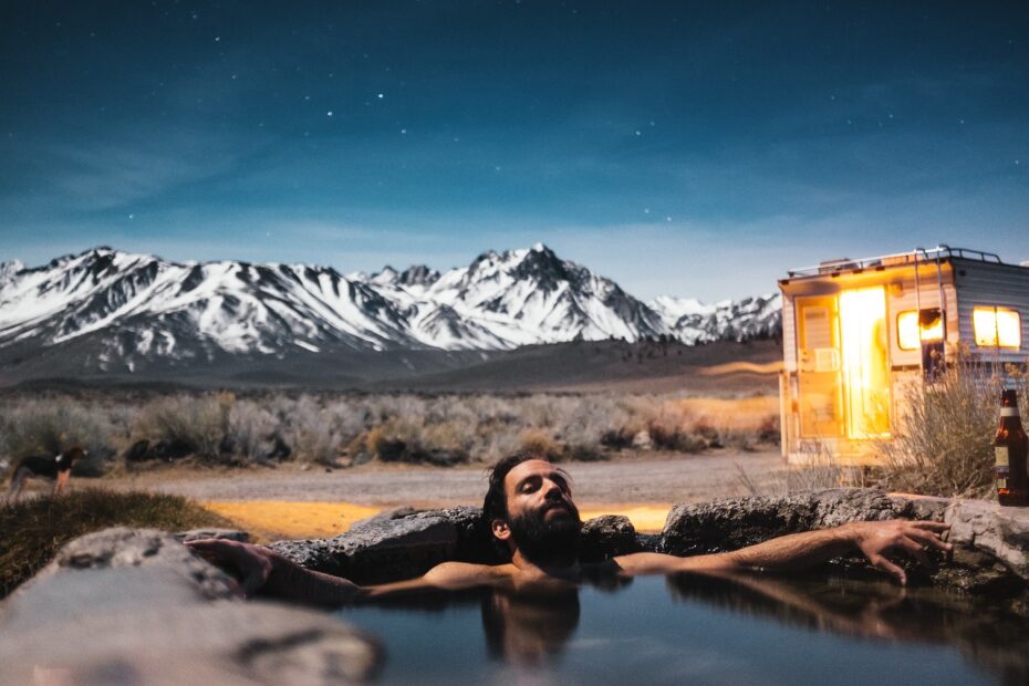 hot spring, landscape, man